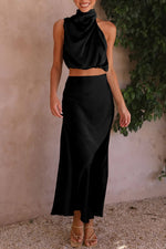 Load image into Gallery viewer, PRETTYGARDEN Women&#39;s 2 Piece Satin Outfits Summer Sleeveless Mock Neck Crop Tops and Long Skirt Dress Sets (Black,Medium)
