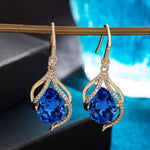 Load image into Gallery viewer, Austrian Crystal Hollow Teardrop Halo Drop Dangle Earrings for Women 14K Rose Gold Plated Hypoallergenic Jewelry (Bermuda Blue)
