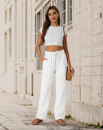 Load image into Gallery viewer, SEMARO Womens Casual Linen High Waist Pants Drawstring Loose Fit Summer Pants Trousers with Side Pockets White
