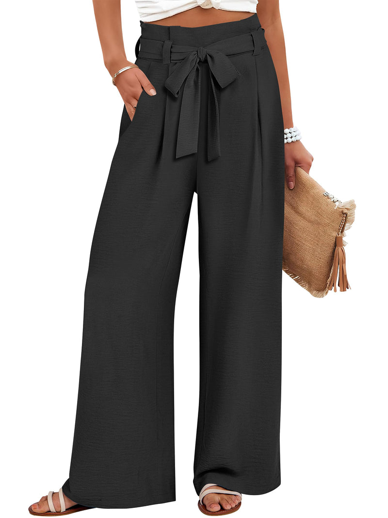 ANRABESS Womens Wide Leg Palazzo Pants Belted High Waisted Business Casual Flowy Long Trousers with Pockets Black-S