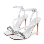 Load image into Gallery viewer, Elisabet Tang Women’s Crystal Stilettos Heeled Sandals, 4 Inch Square Open Toe Strappy Sexy High Heels Ankle Strap Buckle Heels for Party Wedding Dress Daily Wear Shoes Gold Size 8.5
