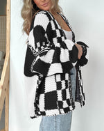 Load image into Gallery viewer, BTFBM Casual Cardigan Sweater for Women Fall 2025 Long Sleeve Open Front Chunky Knit Sweaters Checkered Outwear Coat(Black,Medium)
