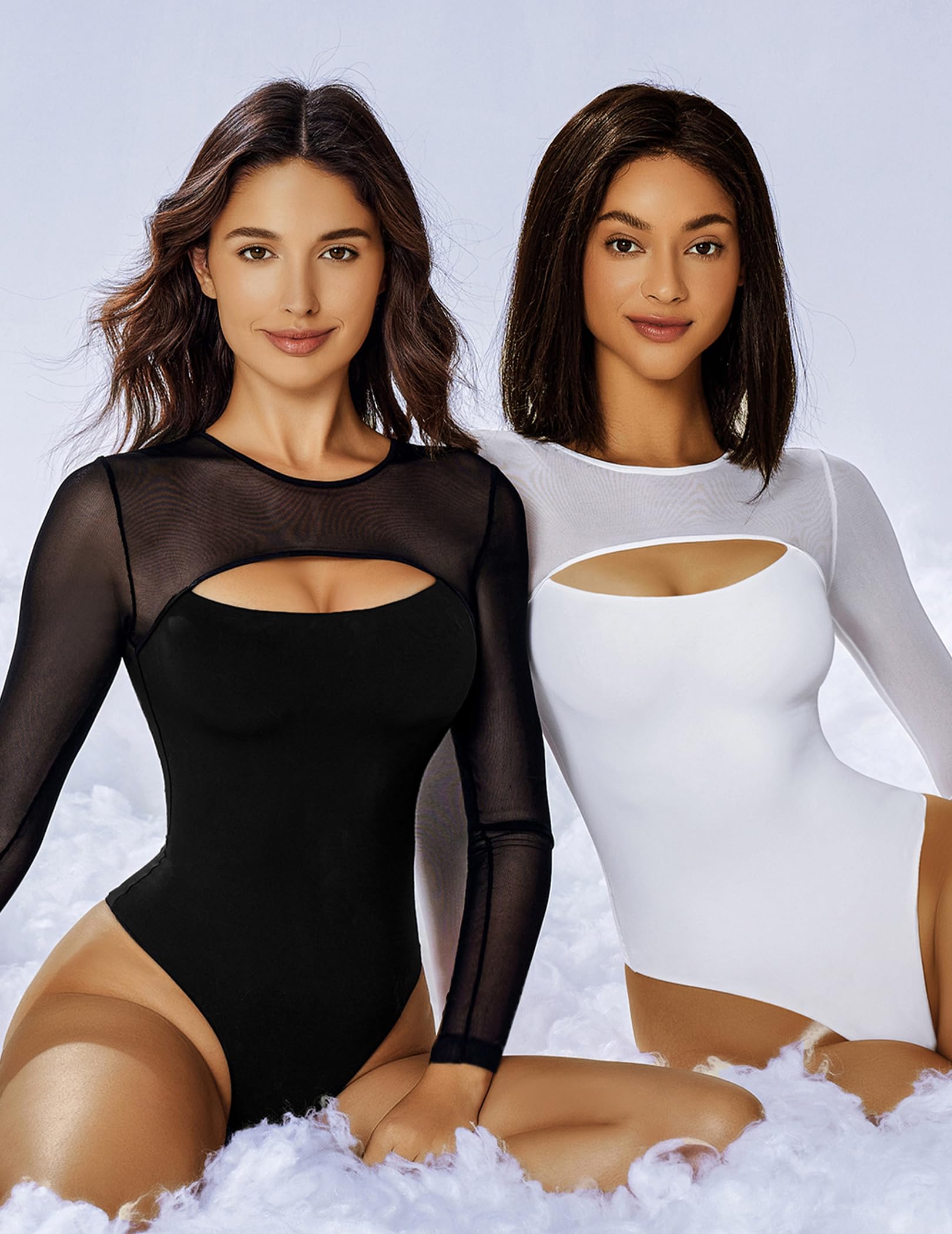 Avidlove Womens Bodysuit Long Sleeve Double Lined Bodysuits Sheer Round Neck Shirt Going Out Tops for Women Black M