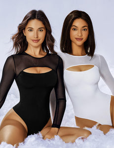 Avidlove Womens Bodysuit Long Sleeve Double Lined Bodysuits Sheer Round Neck Shirt Going Out Tops for Women Black M