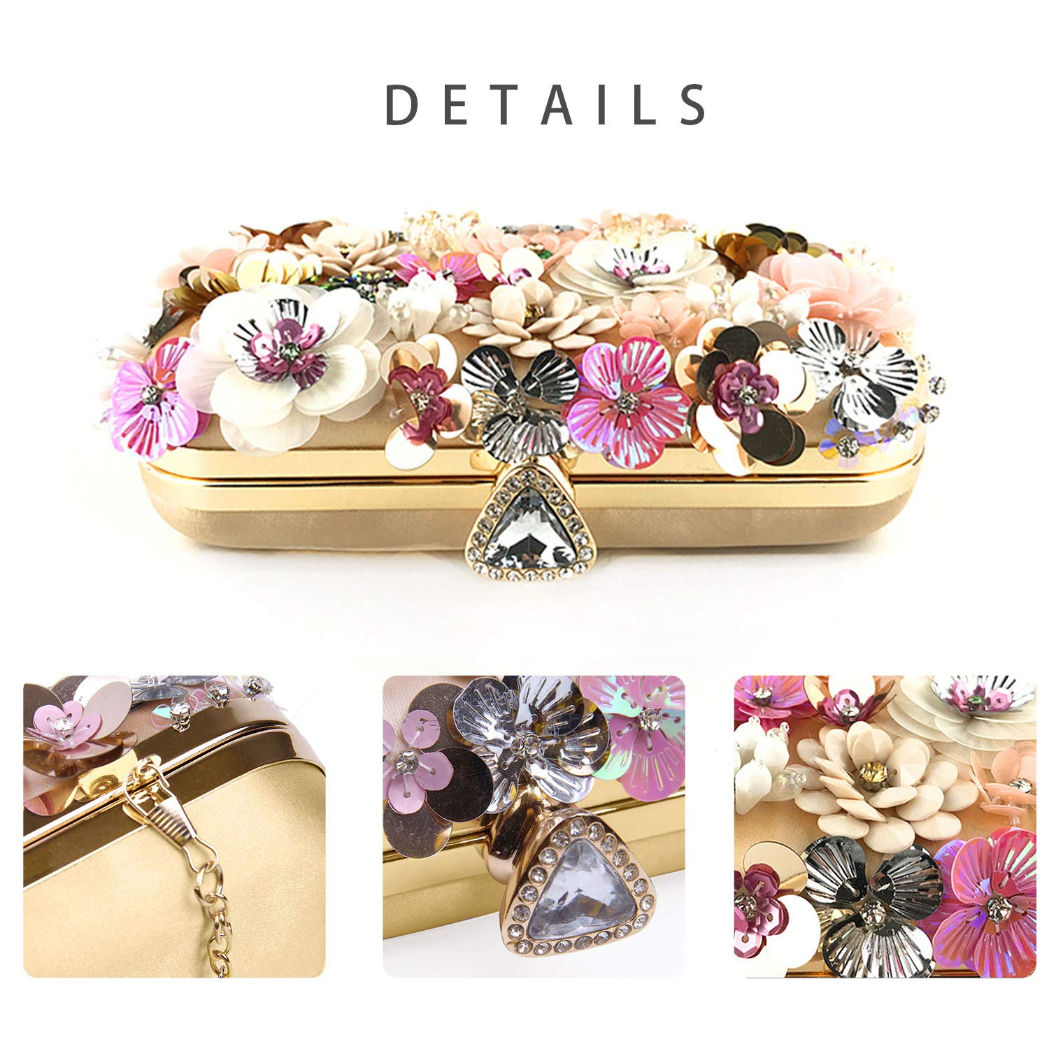 Lanpet Women Clutches Flower Evening Handbag Chain Strap Shoulder Bag Gold