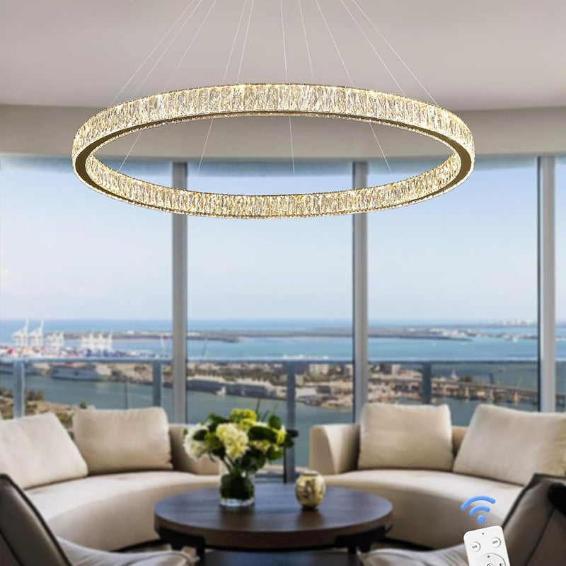 IDEQUY Modern LED Dimmable Crystal Chandelier 47.5" Ring Pendant Light Adjustable Gold Round Crystal Chandelier Light Fixtures for Dining Room Living Room