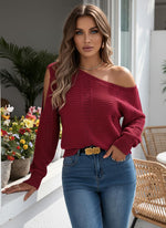 Load image into Gallery viewer, ACWUMU Womens Off Shoulder Crochet Sweater Fall Fashion 2025 Knit Tops Casual Long Sleeve Pullover Sweaters Burgundy
