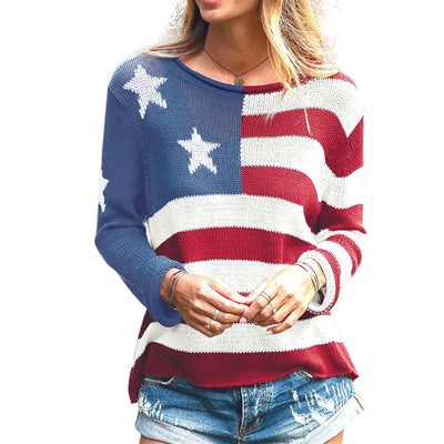 Winioder Women American Flag Sweater 4th of July Long Sleeve Crewneck Star Sweatshirt Vintage Hollow Out Knit Pullover Jumper Tops(Star Blue,S)
