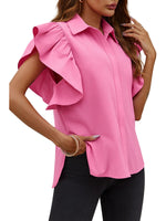 Load image into Gallery viewer, Tankaneo Womens Ruffle Button Down Shirts Cute Summer Short Sleeve Tops Blouse Rose Red
