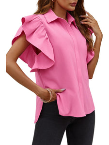 Tankaneo Womens Ruffle Button Down Shirts Cute Summer Short Sleeve Tops Blouse Rose Red