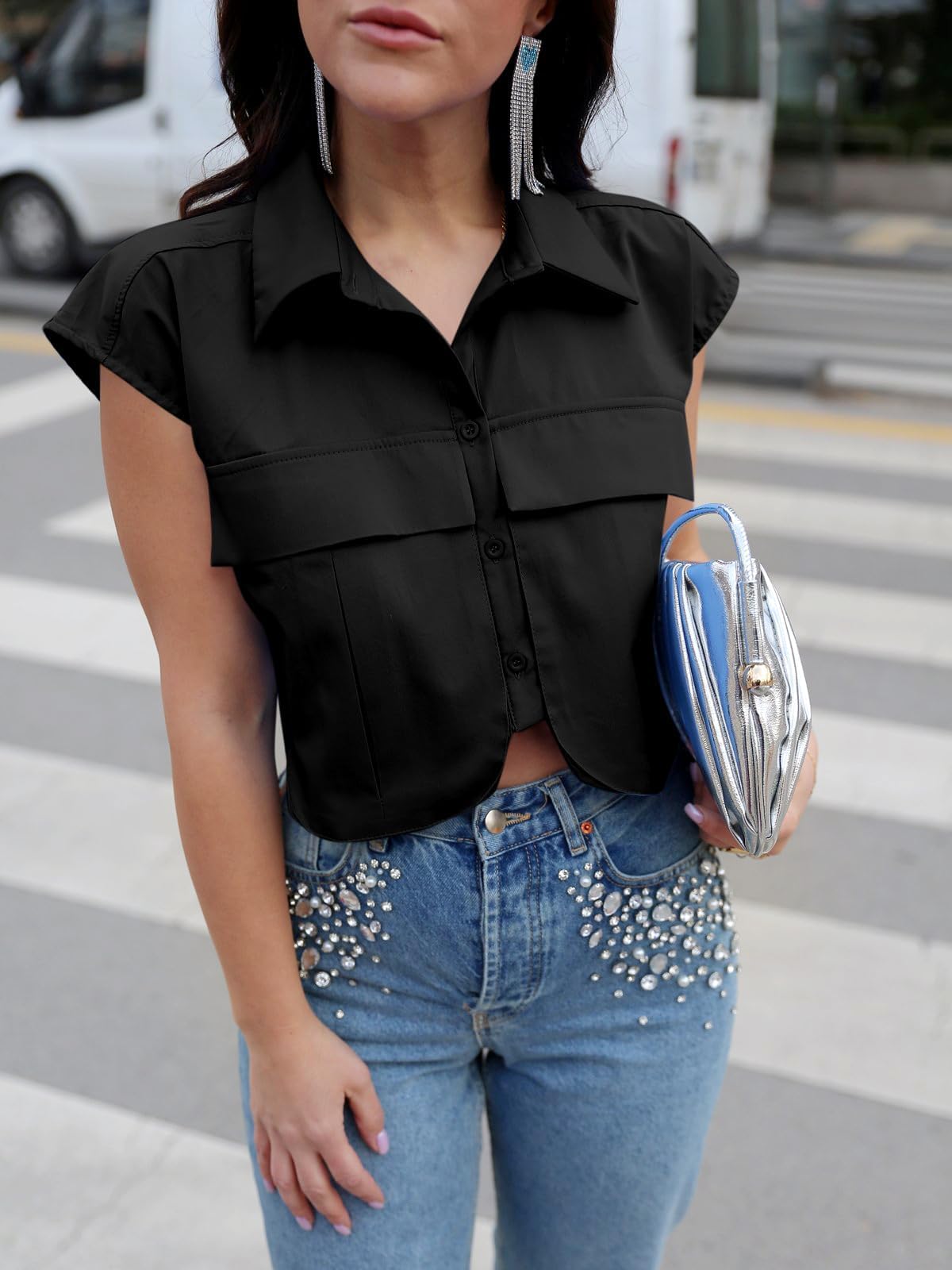 Tankaneo Womens Button Down Shirts Cute Summer Cap Sleeve Crop Tops Blouse Black
