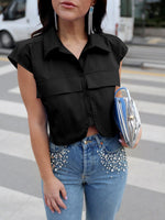 Load image into Gallery viewer, Tankaneo Womens Button Down Shirts Cute Summer Cap Sleeve Crop Tops Blouse Black
