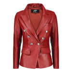 Load image into Gallery viewer, Jild Double Breasted Fancy Buttons Lambskin Leather Blazer Women - Kim Kardashian Long Sleeve Coat Style Leather Jacket Women (FC-Red-M)
