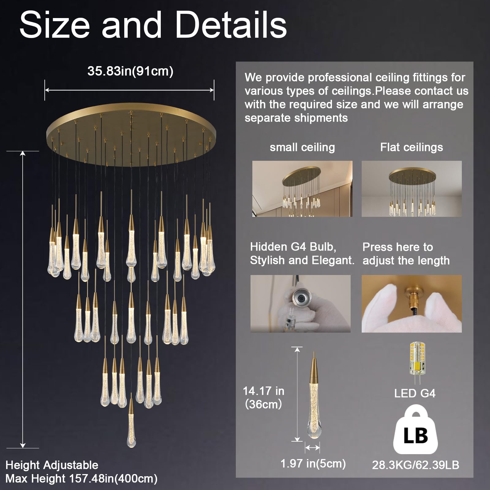 34-Light Gold Chandeliers for High Ceilings, Large Raindrop Chandelier for Foyer, Entryway, Staircase, Luxury Long Big Hanging Light Fixtures with Glass, Brass Pendant Light Fixtures Living Room