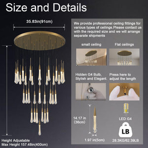 34-Light Gold Chandeliers for High Ceilings, Large Raindrop Chandelier for Foyer, Entryway, Staircase, Luxury Long Big Hanging Light Fixtures with Glass, Brass Pendant Light Fixtures Living Room