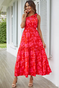 PRETTYGARDEN Women's Summer Floral Maxi Dress Knot One Shoulder Sleeveless Ruffle Flowy Boho Beach Wedding Guest Dresses (Red Floral,Small)