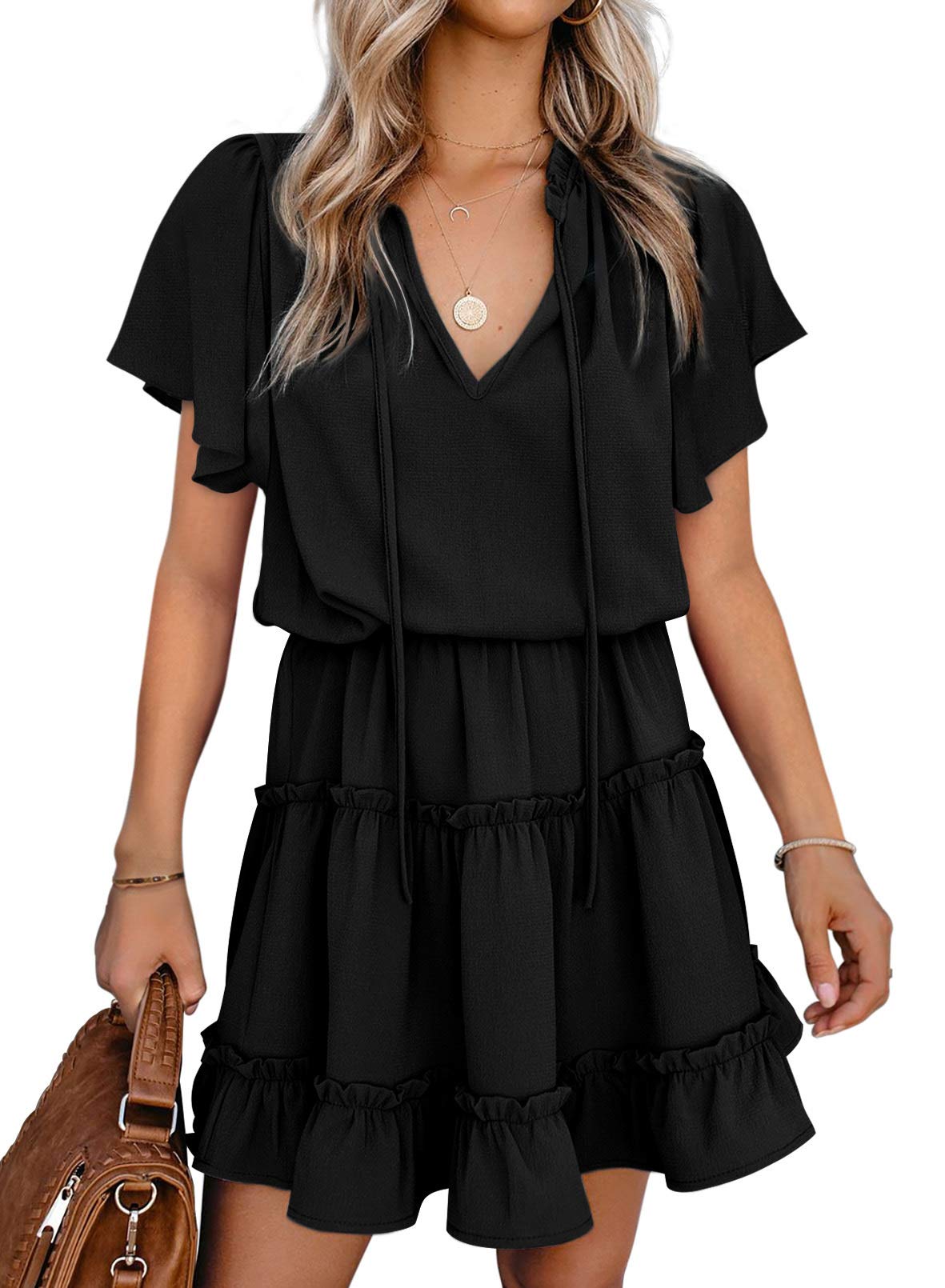 Dokotoo Womens Cute Spring Summer Casual Sexy Deep V Neck Ruffle Chiffon Lantern Short Sleeve Elegant Empire Waist Flowy Mini Short Skirt Dresses for Women Party 2025 Black US 8 10