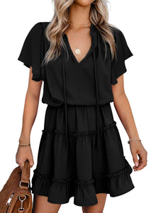 Dokotoo Womens Cute Spring Summer Casual Sexy Deep V Neck Ruffle Chiffon Lantern Short Sleeve Elegant Empire Waist Flowy Mini Short Skirt Dresses for Women Party 2025 Black US 8 10