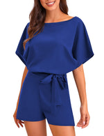 Load image into Gallery viewer, Vetinee Womens Royal Blue Summer Casual Belted Romper Keyhole Back Short Sleeve Jumpsuit Playsuit Medium
