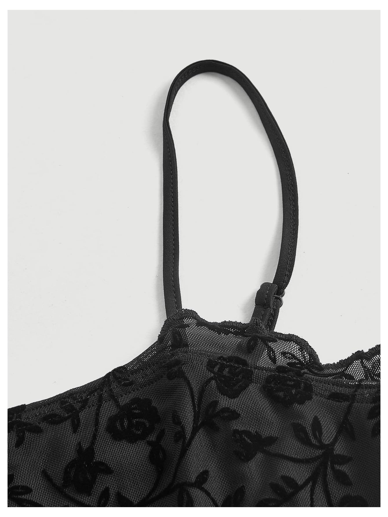 Verdusa Women's Floral Print Mesh Lettuce Trim Sleeveless Bodycon Long Cami Dress Black M