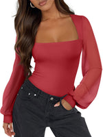 Load image into Gallery viewer, PINKMSTYLE Sexy Bodysuits for Women Classic Square Neck Long Sleeve Slim Fit Shirts Sheer Mesh Trendy Going Out Tops Cute Office Red Medium
