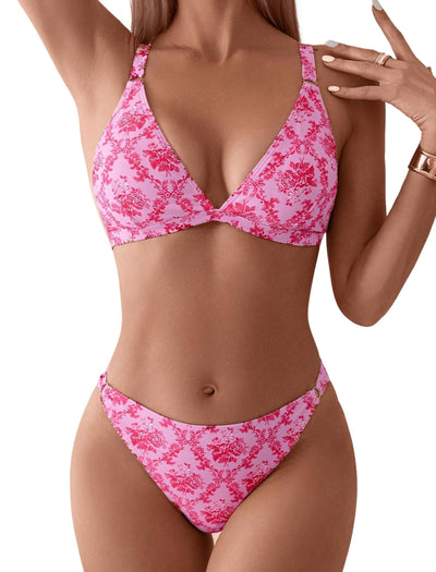ZAFUL Women's 2 Piece Floral Print Swimsuit Triangle String High Cut Bikini Sets Bathing Suit(2-Pink, M)