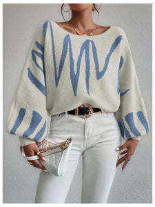 BEAUDRM Women's Lantern Sleeve Sweater Graphic Boat Neck Drop Shoulder Long Sleeve Oversized Pullovers Jumper Top Beige Medium