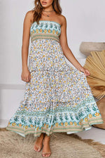 Load image into Gallery viewer, ZESICA Women's Summer Boho Strapless Maxi Dress 2026 Casual Off Shoulder Smocked Floral Flowy A Line Beach Long Dresses,Light Green,Medium
