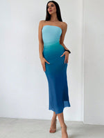 Load image into Gallery viewer, LIGHT DOT Women&#39;s Summer Dress Gradient Strapless Tube Dress Bodycon Long Dress Side Slit Mesh Layered (Blue,XL)
