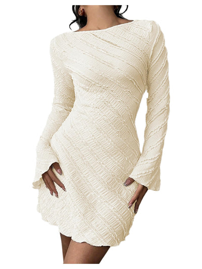 Milumia Women's Textured Backless Long Bell Sleeve Mini Dress Boat Neck Lettuce Trim Short Dresse Going Out Apricot Medium