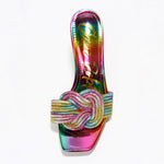 Load image into Gallery viewer, Cape Robbin Women&#39;s Stiletto Heels - Slip-On Sandals with Rhinestone-Embellished Knot &amp; Open Toe (Flynn) - Rainbow Pink Green Yellow Multicolored Size 7
