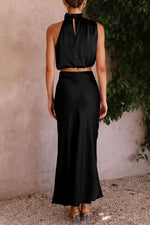 Load image into Gallery viewer, PRETTYGARDEN Women&#39;s 2 Piece Satin Outfits Summer Sleeveless Mock Neck Crop Tops and Long Skirt Dress Sets (Black,Medium)

