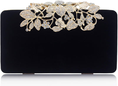 Dexmay Velvet Women Clutch Evening Bag with Rhinestone Crystal Flower Clasp Formal Purse for Party Black