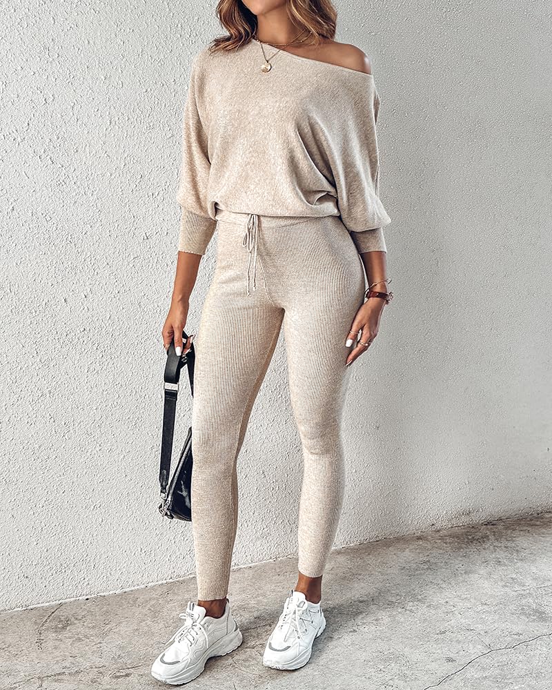 CHICME 2 Piece Lounge Outfit Long Sleeve Knit Pullover Tops Drawstring Pants Set Tracksuit Sweatsuit Beige-XL