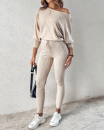 Load image into Gallery viewer, CHICME 2 Piece Lounge Outfit Long Sleeve Knit Pullover Tops Drawstring Pants Set Tracksuit Sweatsuit Beige-XL

