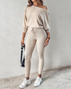 CHICME 2 Piece Lounge Outfit Long Sleeve Knit Pullover Tops Drawstring Pants Set Tracksuit Sweatsuit Beige-XL