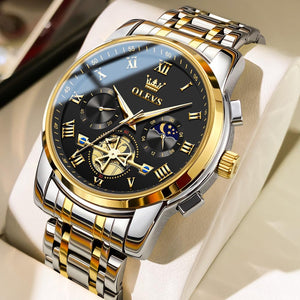 OLEVS Black Watches for Men Luxury Fashion Gold and Silver Stainless Steel Men's Wrist Watches Classic Nice Big Face Waterproof Quartz Men Watch with Day Two Tone Moon Phase Relojes para Hombres