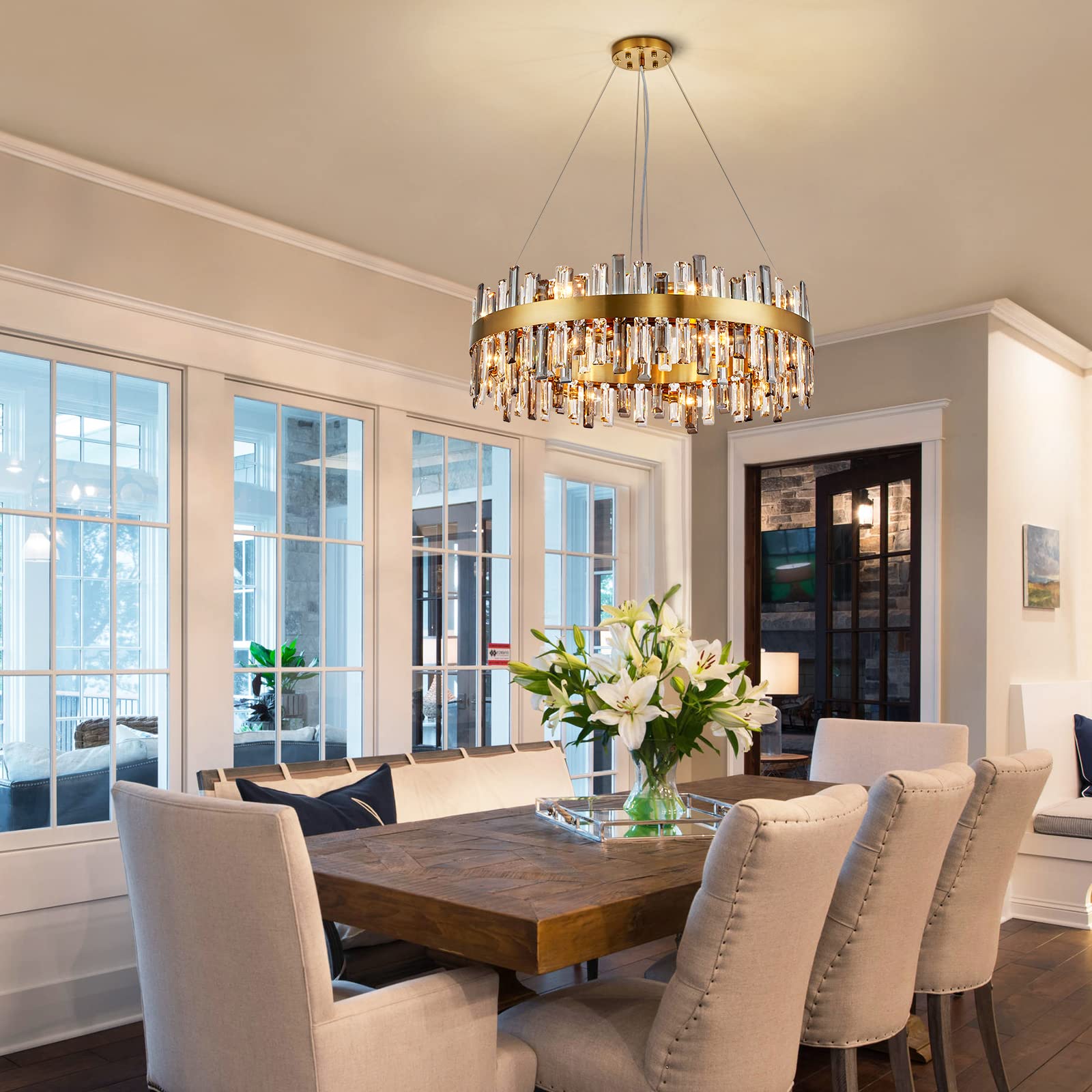 Siljoy Modern Crystal Chandelier 16 Lights Luxury Gold Round 2 Tiers Raindrop Chandelier Dimmable Flush Mount Crystal Ceiling Light for Dining Room Living Room Entryway Foyer D31.5''