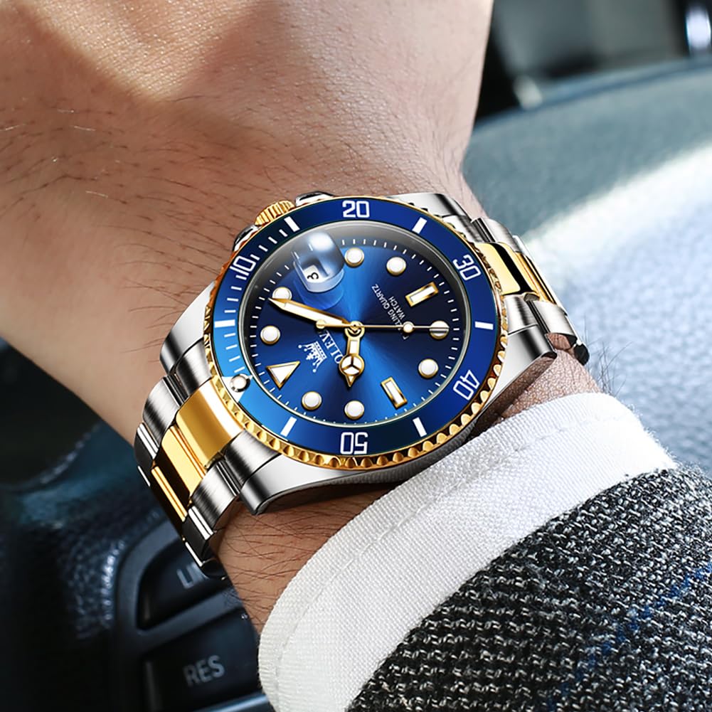 OLEVS Men Watch Gold Blue Watches for Men Waterproof Date Analog Quartz Luxury Casual Fashion Men's Wrist Watches Pro Diver Two Tone Men‘s Watch Dress Big Face Relojes para Hombres