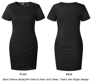 BTFBM Women's 2025 Summer Casual Beach Dresses Crew Neck Short Sleeve Wrap Party Club Mini Ruched Bodycon T Shirt Dress(Black, Medium)