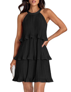 ZESICA Women's 2025 Summer Halter Dresses Sleeveless Ruffle Tiered Layered Chiffon Pleated A Line Swing Mini Dress,DarkBlack,Medium