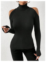 Load image into Gallery viewer, SOLY HUX Women's Cold Shoulder Sweater High Neck Long Sleeve Pullover Lightweight Ribbed Knit Jumper Tops Solid Black Large
