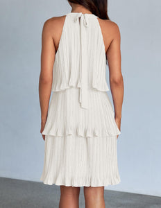 ZESICA Women's 2024 Summer Halter Dresses Sleeveless Ruffle Tiered Layered Chiffon Pleated A Line Swing Mini Dress,White,Medium