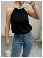 Load image into Gallery viewer, RoseSeek Women's Summer Halter Tops Beaded Sleeveless Blouses Casual Dressy Elegant Work Blouse Shirts Black Large

