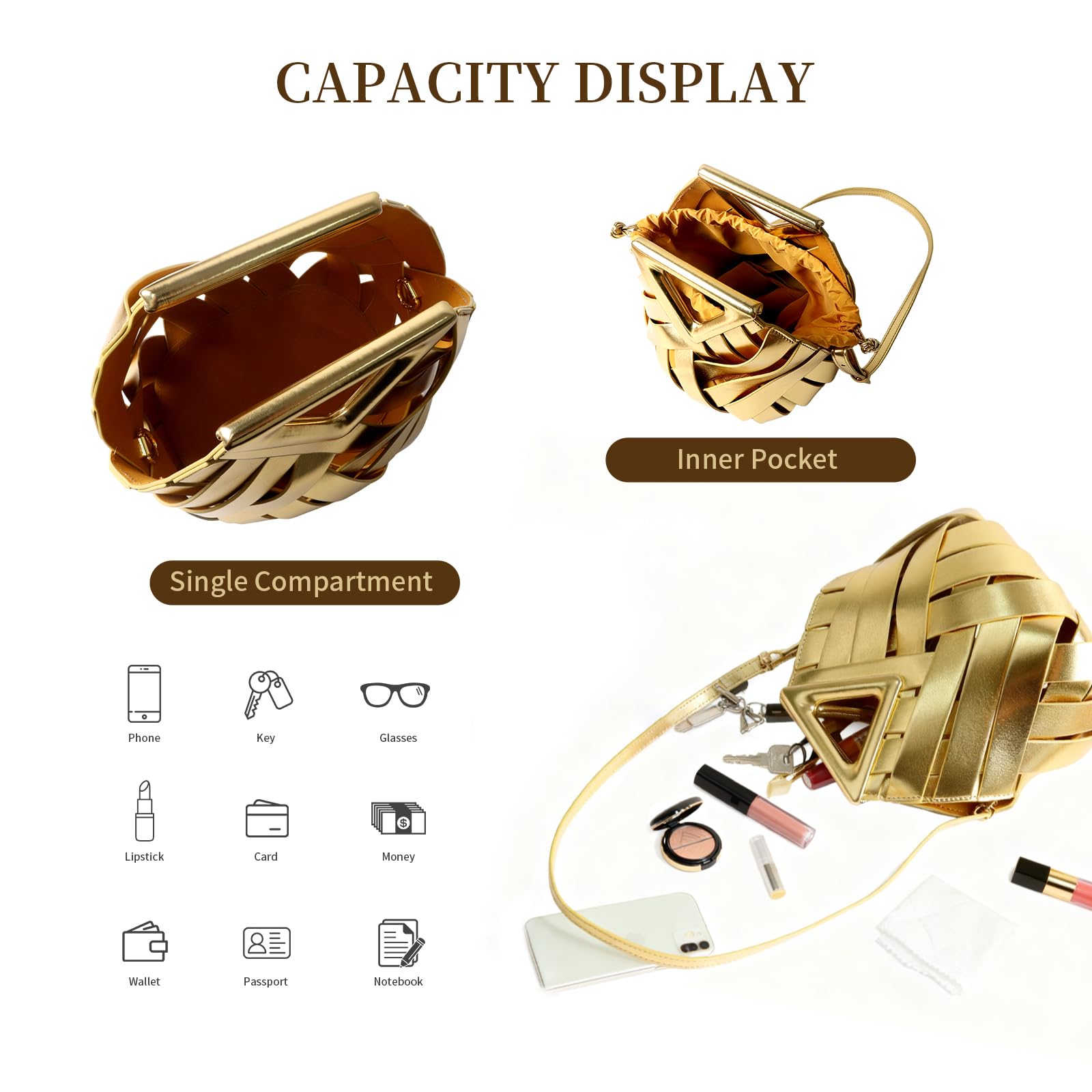 Designer Inspired Woven Bucket Bag for Women, Vegan Leather Multi-functional Crossbody Tote Purse Retro Style (Gold)