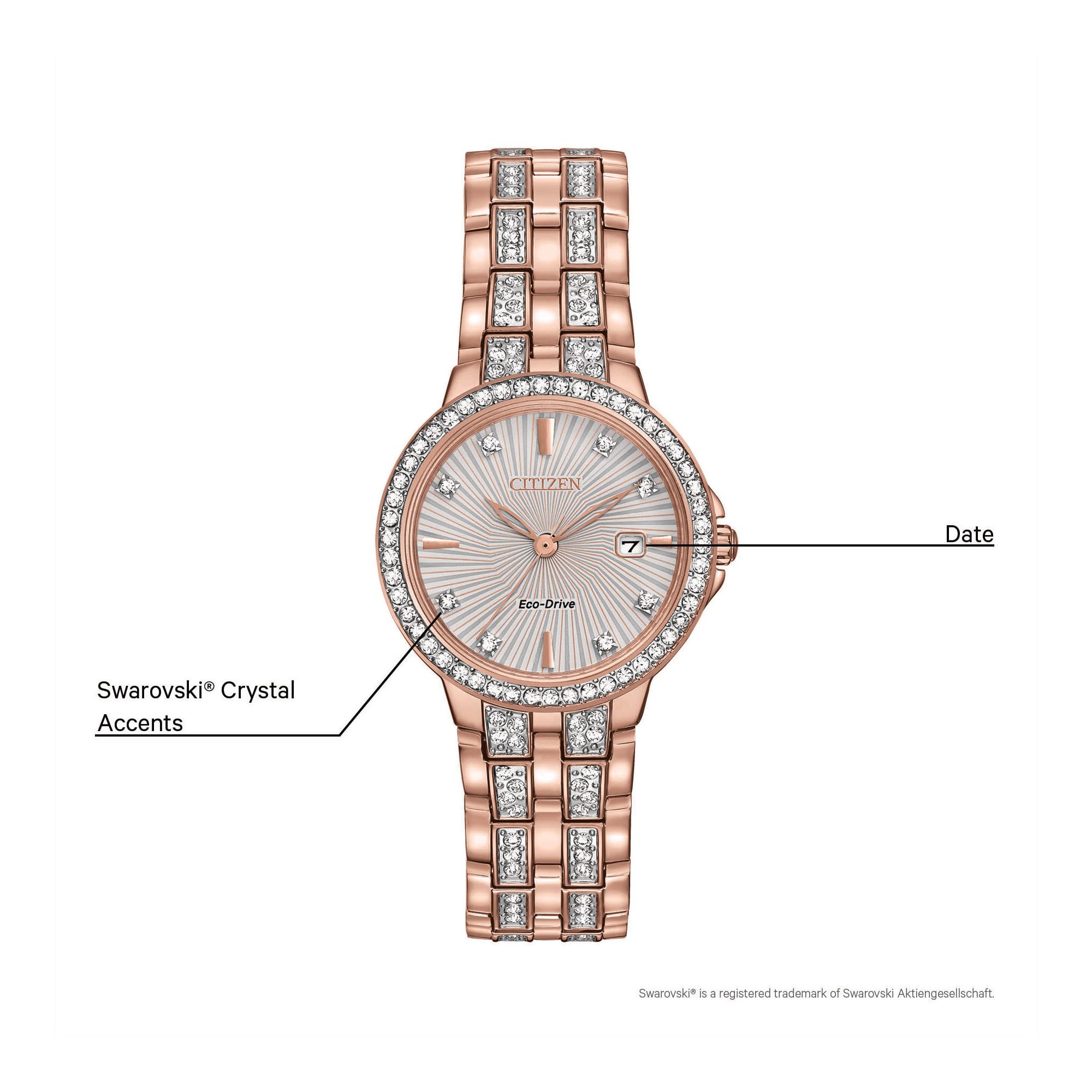 Citizen Women's Eco-Drive Dress Classic Crystal Watch in Rose-tone Stainless Steel, Silver Dial (Model: EW2348-56A)