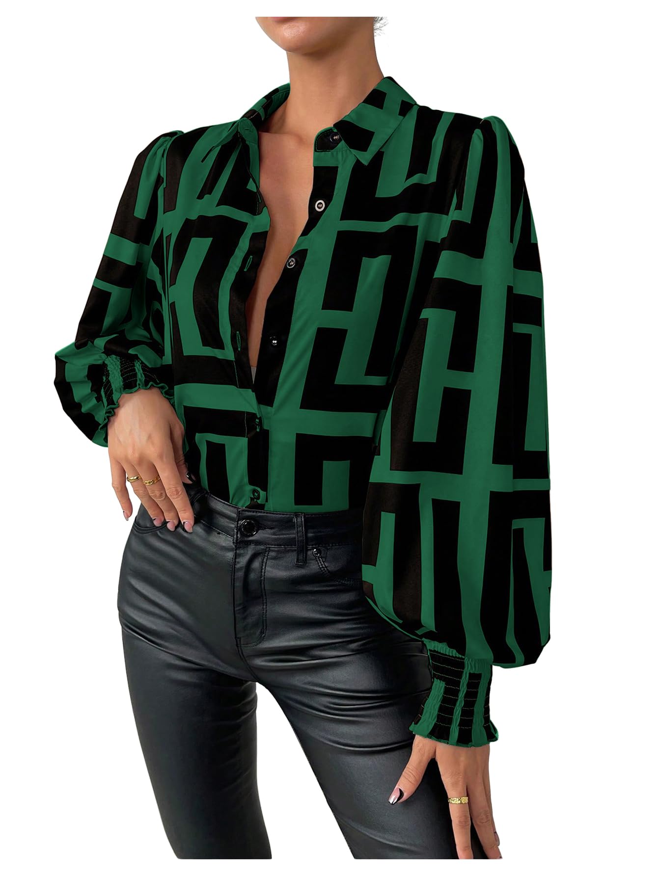 SweatyRocks Women's Graphic Print Long Lantern Sleeve Collar Neck Button Front Blouse Shirt Top Dark Green Medium