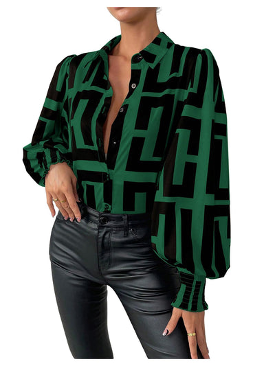 SweatyRocks Women's Graphic Print Long Lantern Sleeve Collar Neck Button Front Blouse Shirt Top Dark Green Medium