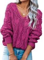 Load image into Gallery viewer, Dokotoo Women's Sweaters Long Sleeve V Neck Crochet Hollow Out Loose Fit Cute Pullover Knit Sweaters for Women 2025 Fall Trendy Casual Off The Shoulder Tops Rose Red
