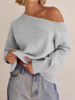 Load image into Gallery viewer, Saodimallsu Womens Off The Shoulder Sweater Long Sleeve Boat Neck Pullover 2025 Casual Trendy Loose Knit Tops Light Grey
